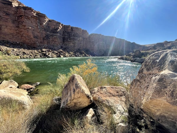 A turquoise river winds through towering red rock canyon walls under bright sunlight, viewed from the shoreline. — Kanab & The Wave