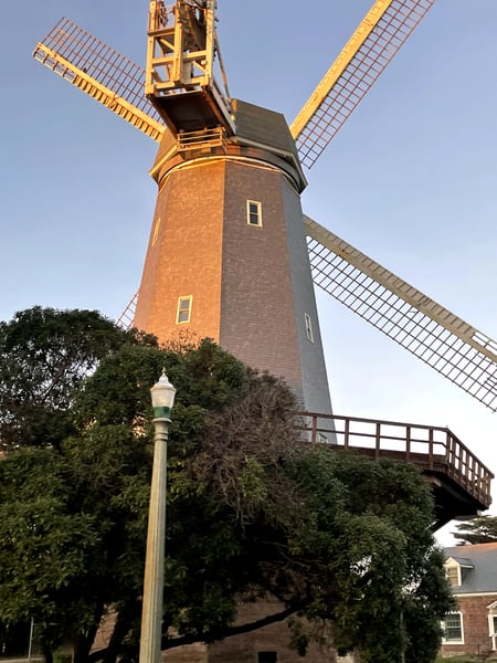 Historic brick windmill with yellow machinery and rotating sails viewed from ground level with surrounding vegetation. — Golden Gate Park, San Francisco