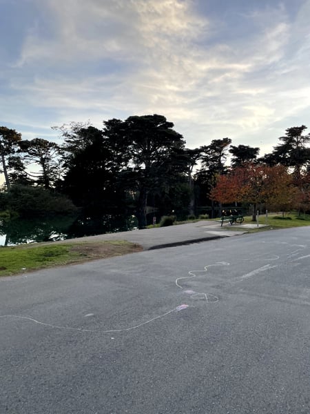A paved park pathway with chalk drawings beside a pond and mature trees, with benches visible in the distance. — Outer Richmond, San Francisco
