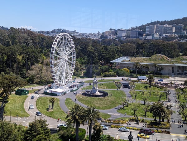 The Hamon Observation Tower Ferris wheel in Golden Gate Park with city skyline beyond. — Inner Sunset, San Francisco