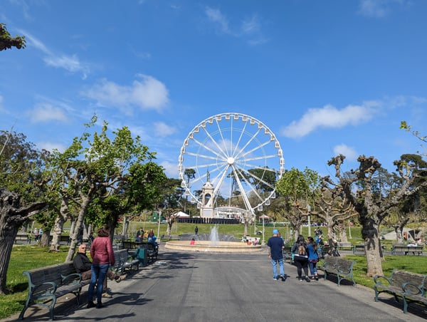 White Ferris wheel in a public park with tree-lined pathways and visitors enjoying the grounds on a sunny day. — Golden Gate Park, San Francisco