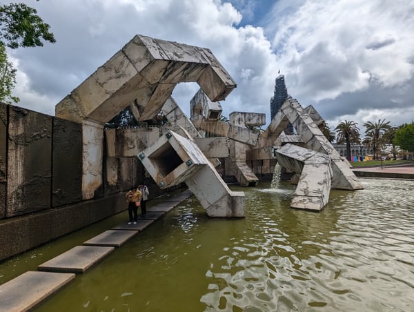 Vaillancourt Fountain's brutalist concrete sculpture and cascading water feature viewed from ground level in San… — Financial District, San Francisco