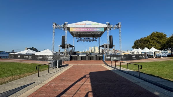 Large outdoor concert stage with Roland Traynor River Stage signage at a waterfront festival venue in Camden, New… — Philadelphia