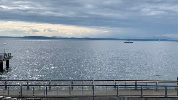 Calm waters with anchored vessels and distant mountains viewed from a waterfront promenade railing. — Seattle