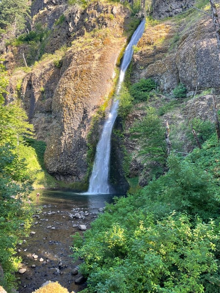 A waterfall cascades into a pool surrounded by moss-covered basalt cliffs and dense forest along the Historic Columbia… — Columbia River Gorge