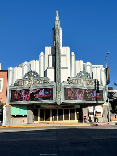 The Nimoy Theatre, an Art Deco movie palace, viewed from street level on Westwood Boulevard in Los Angeles.
