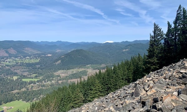 Alpine meadows and forested valleys stretching toward distant mountains, viewed from a rocky ridge in the Cascades near… — Columbia River Gorge