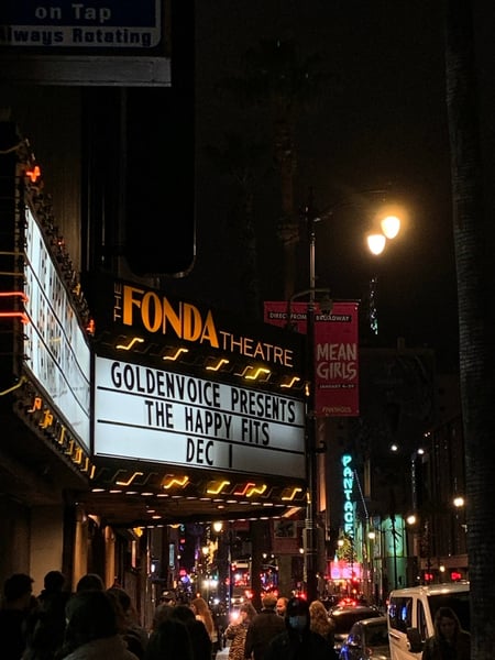 The Fonda Theatre marquee displays Golden Voice event featuring The Happy Fits, viewed from Hollywood Boulevard at… — Hollywood, Los Angeles