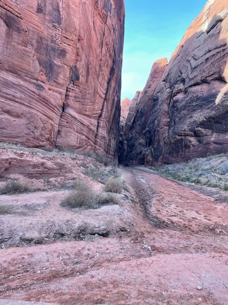 Red rock canyon with towering sandstone walls and a dirt hiking trail through an arid desert landscape under clear sky. — The Wave Trail, Kanab & The Wave