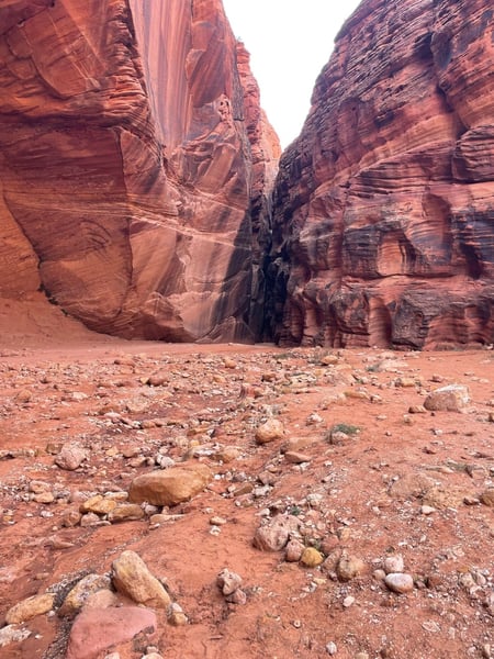 Narrow canyon passage between towering red sandstone walls in the Utah desert. — The Wave Trail, Kanab & The Wave