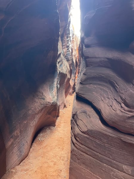 Narrow slot canyon with smooth sandstone walls and sandy floor, lit by overhead sunlight near Kanab, Utah. — The Wave Trail, Kanab & The Wave