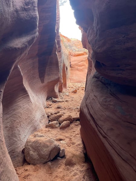 Narrow slot canyon with towering red sandstone walls viewed from within the passage near Kanab, Utah. — The Wave Trail, Kanab & The Wave