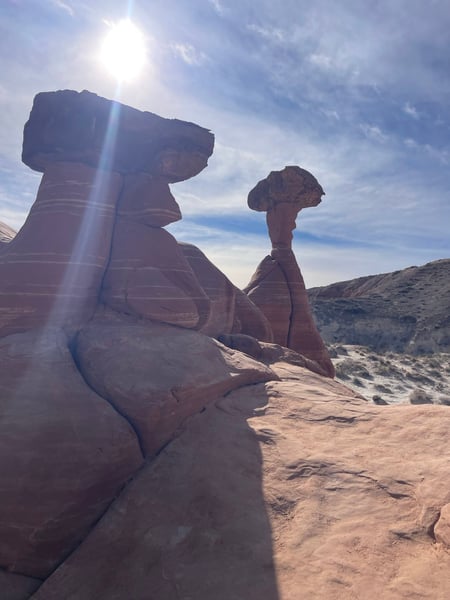 Toadstool Hoodoos rock formations backlit by sun in the Utah desert near Kanab. — Kanab & The Wave