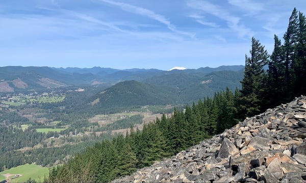Expansive forested valley with distant mountains viewed from a rocky outcrop overlooking Carson, Washington. — Columbia River Gorge