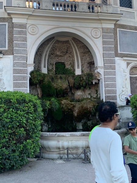 Moss-covered arched grotto fountain with neoclassical stonework on a historic Roman palazzo facade. — Campitelli, Rome