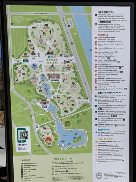 Lincoln Park Zoo map showing animal exhibits, facilities, dining options, and attractions in Chicago. — Lincoln Park, Chicago