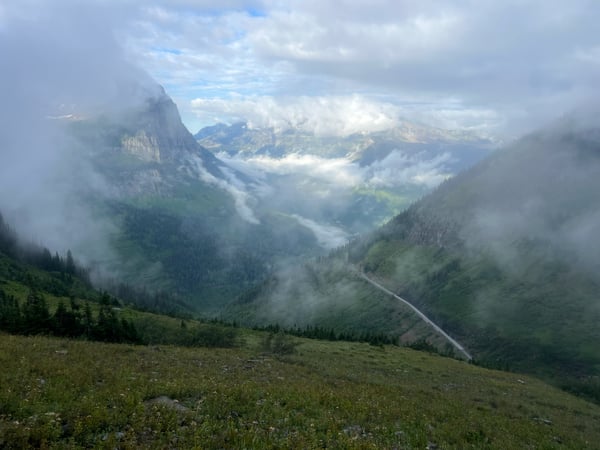 Alpine valley with misty peaks and forested slopes viewed from the Highline Trail near West Glacier, Montana. — Highline Trail, Glacier National Park